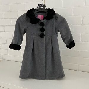 Girls Gray Dress-Up Church Holiday Coat With Black Velvet Accents Size 3T